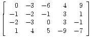 $\displaystyle \left[\begin{array}{rrrrr}
0 & -3 & -6 & 4 & 9 \\
-1 & -2 & -1 & 3 & 1 \\
-2 & -3 & 0 & 3 & -1 \\
1 & 4 & 5 & -9 & -7
\end{array}\right]
$