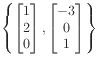 $ \left\{
\begin{bmatrix}1  2  0 \end{bmatrix},
\begin{bmatrix}-3  0  1 \end{bmatrix}
\right\}$