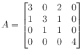 $ A = \begin{bmatrix}
3 & 0 & 2 & 0 \\
1 & 3 & 1 & 0 \\
0 & 1 & 1 & 0 \\
0 & 0 & 0 & 4 \\
\end{bmatrix}$