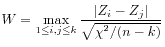 $\displaystyle W = \max_{1 \le i, j \le k} \frac{\vert Z_i - Z_j\vert}{\sqrt{\chi^2 / (n - k)}}
$